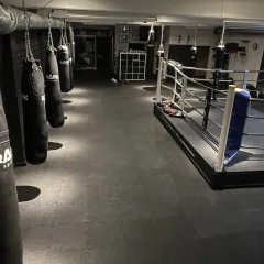 Gymboden mit Boxring und Boxsäcken für intensives Training.