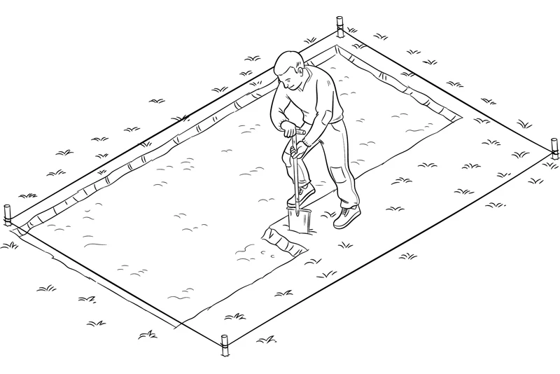 Lo schizzo che mostra come determinare la profondità dello scavo di terra quando si progetta una terrazza in giardino.