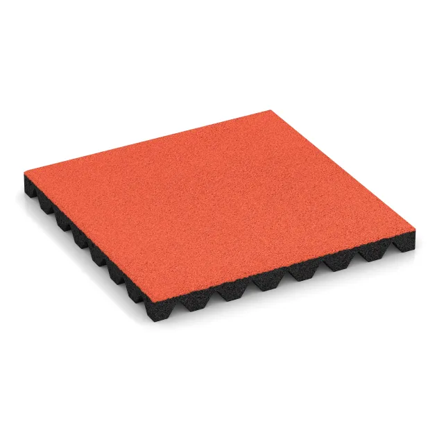 Fallschutzplatte von WARCO im Farbdesign Hellrot-Orange mit den Abmessungen 500 x 500 x 45 mm. Produktfoto von Artikel 0638 in der Aufsicht von schräg vorne.