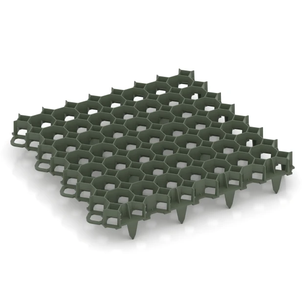 Kunststoff-Wabengitter von WARCO im Farbdesign Mattgrün mit den Abmessungen 47,6 × 47,6 × 4 cm | 0,226 m². Produktfoto von Artikel 3634 in der Aufsicht von schräg vorne.