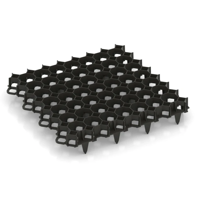 Kunststoff-Wabengitter von WARCO im Farbdesign Mattschwarz mit den Abmessungen 47,6 × 47,6 × 4 cm | 0,226 m². Produktfoto von Artikel 5207 in der Aufsicht von schräg vorne.
