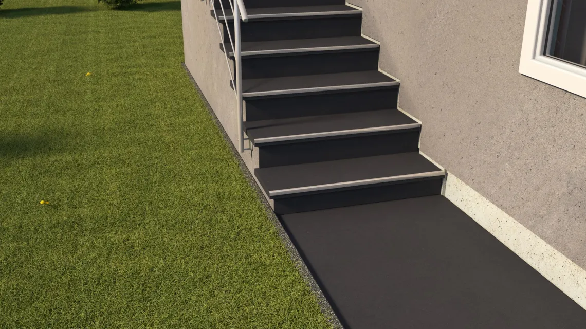 Beispielhafte Verlegung für den Artikel 0987 von WARCO - Piastrella per scale, Farbton Grigio Antracite opaco in der Abmessung 485 x 485 x 16 mm.