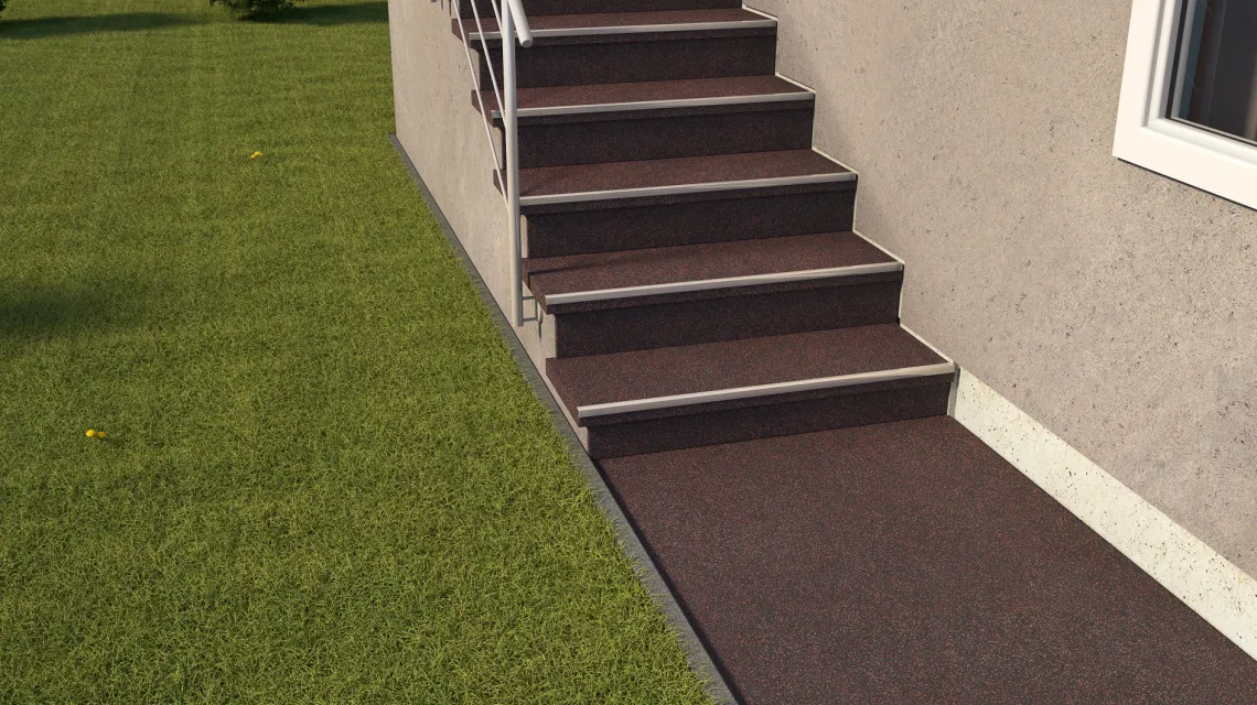 Beispielhafte Verlegung für den Artikel 1033 von WARCO - Treppenbelag, Farbton Leicht Rot Gesprenkelt in der Abmessung 970 x 970 x 8 mm | 0,94 m.