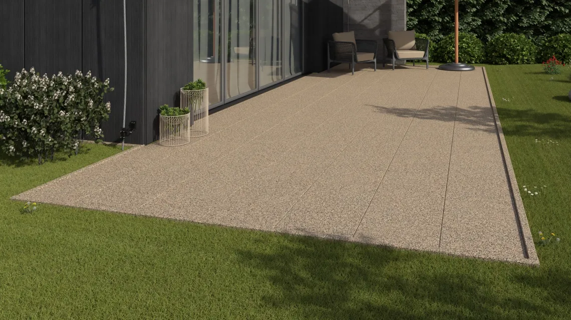 Beispielhafte Verlegung für den Artikel 1150 von WARCO - Terrassenplatte Classic, Farbton Travertin in der Abmessung 500 x 500 x 30 mm.