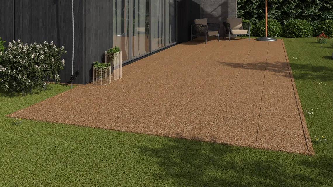 Beispielhafte Verlegung für den Artikel 1151 von WARCO - Piastrella da esterno Classic, Farbton Terracotta in der Abmessung 500 x 500 x 30 mm.