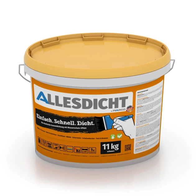 ALLESDICHT – Guaina liquida von WARCO im Farbdesign Nero mit den Abmessungen 11 kg | 3,3 m². Produktfoto von Artikel 0028 in der Aufsicht von schräg vorne.