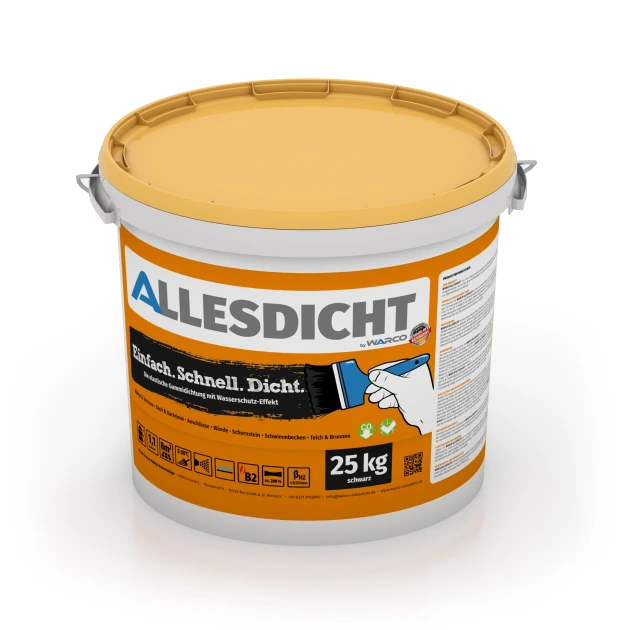 ALLESDICHT – Flüssigabdichtung von WARCO im Farbdesign Schwarz mit den Abmessungen 25 kg | 7,6 m². Produktfoto von Artikel 0024 in der Aufsicht von schräg vorne.