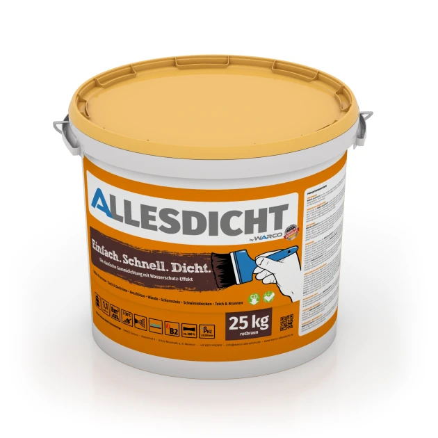 ALLESDICHT – Guaina liquida von WARCO im Farbdesign marrone-rosso mit den Abmessungen 25 kg | 7,6 m². Produktfoto von Artikel 0025 in der Aufsicht von schräg vorne.