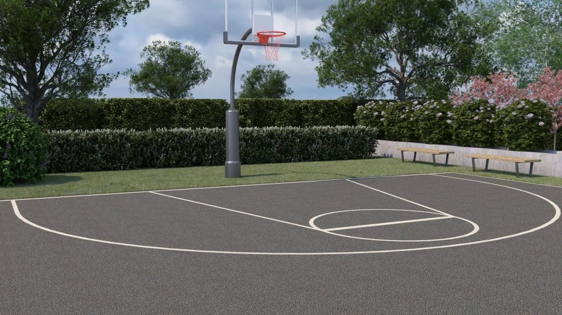 Beispielhafte Verlegung für den Artikel 4089 von WARCO - Ballspielplatte, Farbton Dunkelgrauer Granit in der Abmessung 500 x 500 x 30 mm.