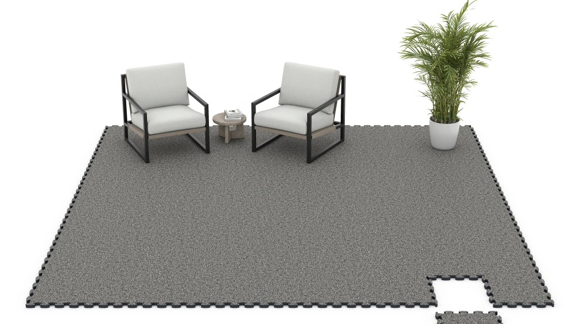 Beispielhafte Verlegung für den Artikel 6940 von WARCO - Lastra terrazza in gomma, Farbton Granito grigio scuro in der Abmessung 44,6 x 44,6 × 2,8 cm.