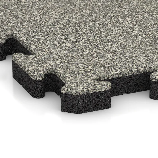 Detailaufnahme der Randausprägung von WARCO-Produkt 2850, Fallschutz-Puzzlematte, Format 500 x 500 x 40 mm, Farbe Heller Granit.