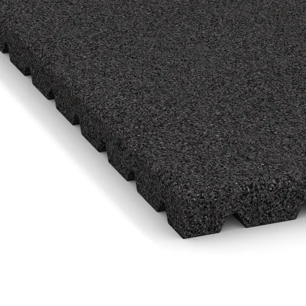 Detailaufnahme der Randausprägung von WARCO-Produkt 0780, Fallschutzmatte, Format 1000 x 1000 x 40 mm, Farbe Anthrazit.