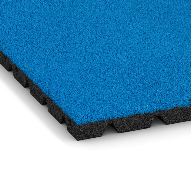 Detailaufnahme der Randausprägung von WARCO-Produkt 0541, Fallschutzplatte, Format 500 x 500 x 30 mm, Farbe Himmelblau.