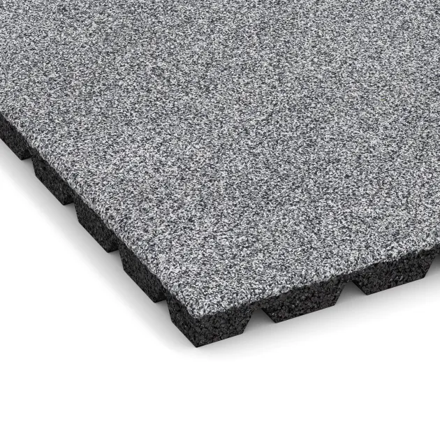 Detailaufnahme der Randausprägung von WARCO-Produkt 5475, Terrassenfliese 3 cm, Format 500 x 500 x 30 mm, Farbe Grau Melange.