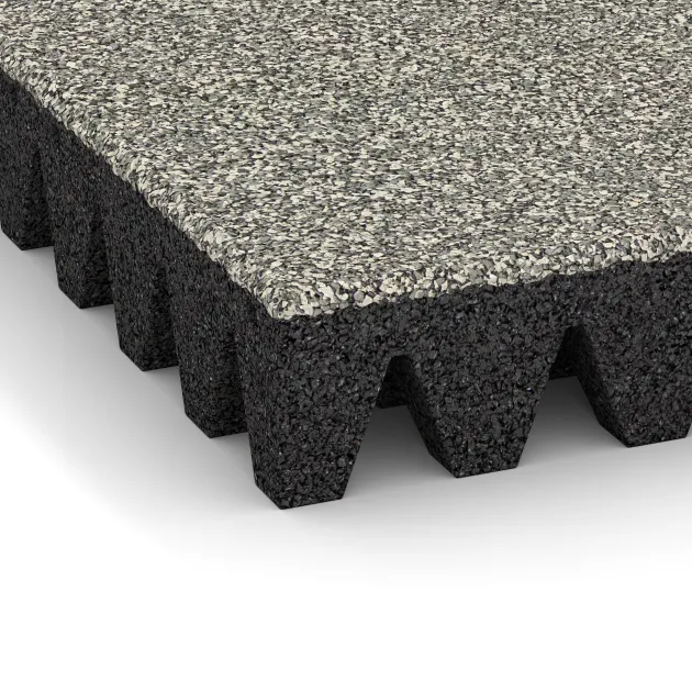 Detailaufnahme der Randausprägung von WARCO-Produkt 5368, Piastra antitrauma, Format 500 x 500 x 80 mm, Farbe Granito chiaro.