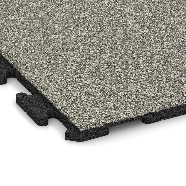 Detailaufnahme der Randausprägung von WARCO-Produkt 1572, Pavimento per parco giochi, Format 1000 x 1000 x 30 mm, Farbe Granito chiaro.