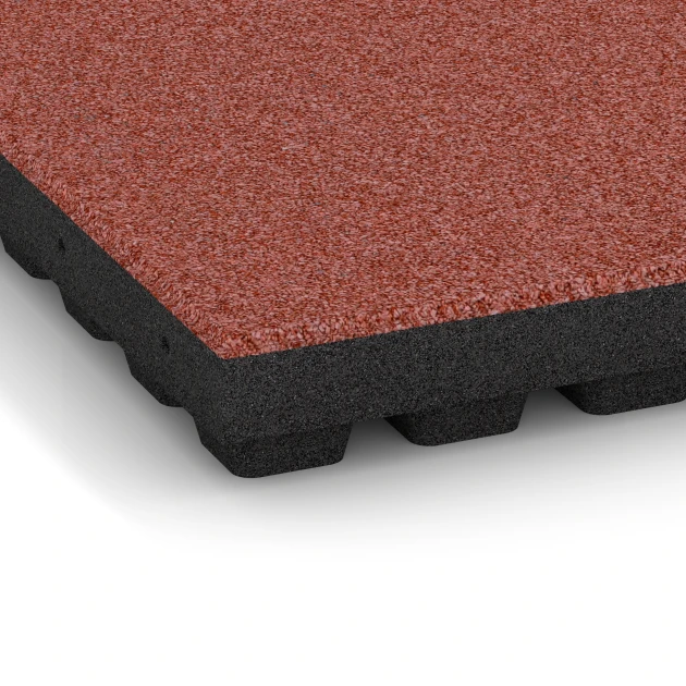 Detailaufnahme der Randausprägung von WARCO-Produkt 6140, Fallschutzplatte – 205 cm, Format 50 x 50 x 7 cm, Farbe Tomatenrot.