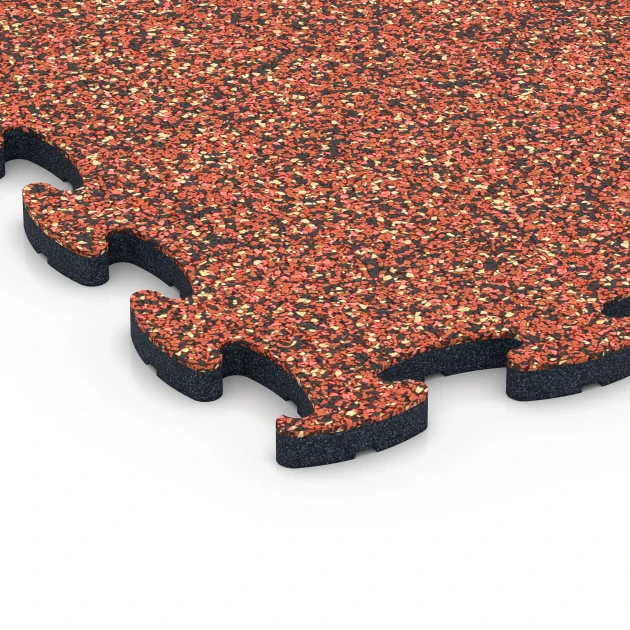 Detailaufnahme der Randausprägung von WARCO-Produkt 6917, Messeboden Klickfliese, Format 44,6 x 44,6 x 1,8 cm, Farbe Feuersglut.
