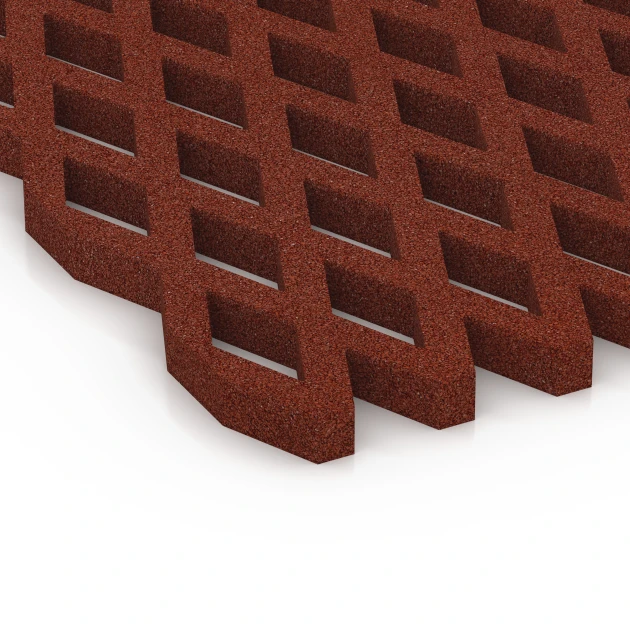 Detailaufnahme der Randausprägung von WARCO-Produkt 7010, Griglia antitrauma prato, Format 100 x 100 x 4 cm, Farbe Rosso mattone.