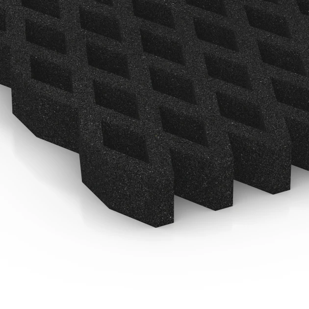 Detailaufnahme der Randausprägung von WARCO-Produkt 7012, Fallschutz-Rasengittermatte, Format 100 × 100 × 8 cm, Farbe Anthrazit.