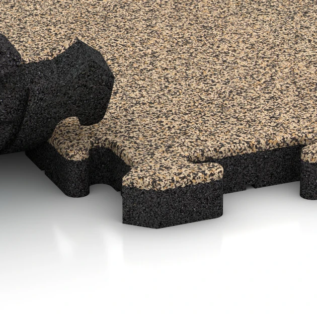 Großaufnahme vom Verbindungssystem von WARCO-Boden 4125 - Pavimentazione sportiva in gomma im Farbdesign Travertino. Abmessungen 50 x 50 x 4 cm | 0,25 m².