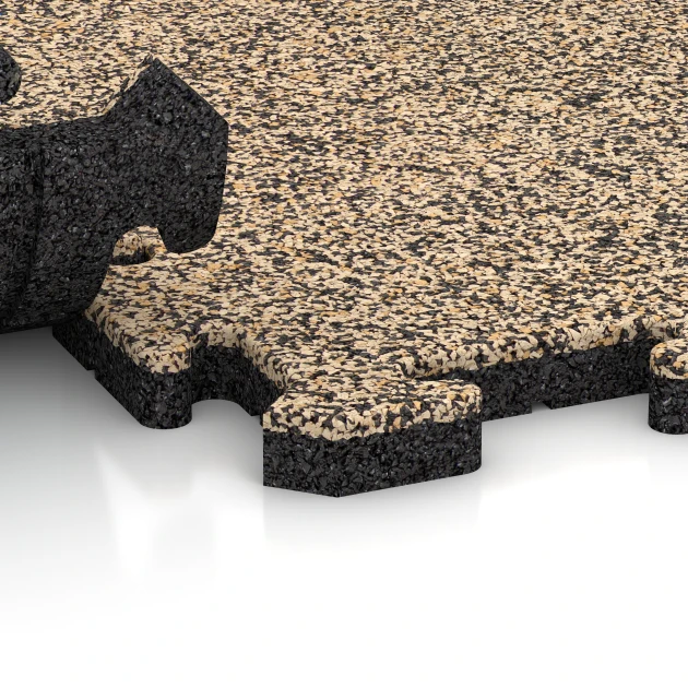 Großaufnahme vom Verbindungssystem von WARCO-Boden 2614 - Klickfliese im Farbdesign Travertin. Abmessungen 500 x 500 x 30 mm.