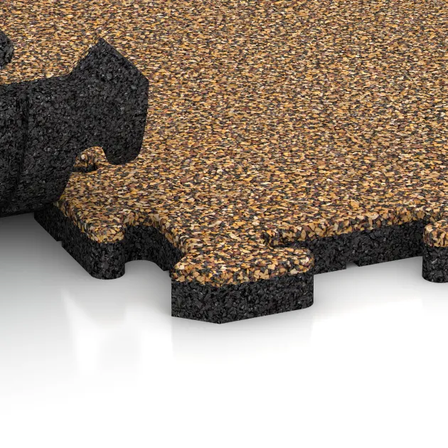 Großaufnahme vom Verbindungssystem von WARCO-Boden 2640 - Fallschutz-Puzzlematte im Farbdesign Rattan Lounge. Abmessungen 500 x 500 x 30 mm.