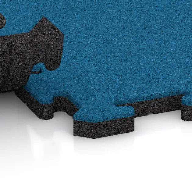 Großaufnahme vom Verbindungssystem von WARCO-Boden 5303 - Fallschutz-Puzzlematte im Farbdesign Himmelblau. Abmessungen 500 x 500 x 30 mm.