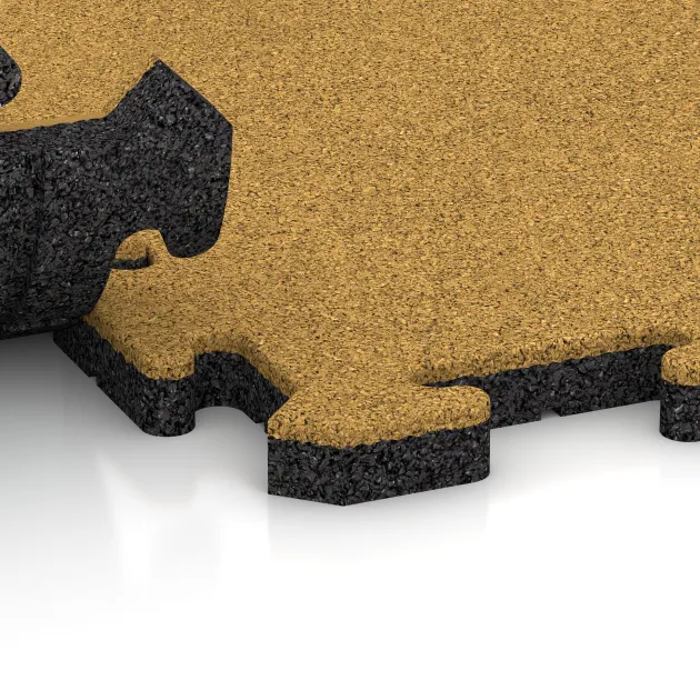 Großaufnahme vom Verbindungssystem von WARCO-Boden 5300 - Fallschutz-Puzzlematte im Farbdesign Zitronengelb. Abmessungen 500 x 500 x 30 mm.