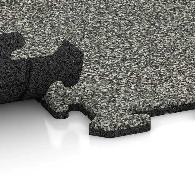 Großaufnahme vom Verbindungssystem von WARCO-Boden 0055 - Tappeto da gioco im Farbdesign Granito classico. Abmessungen 500 x 500 x 18 mm.