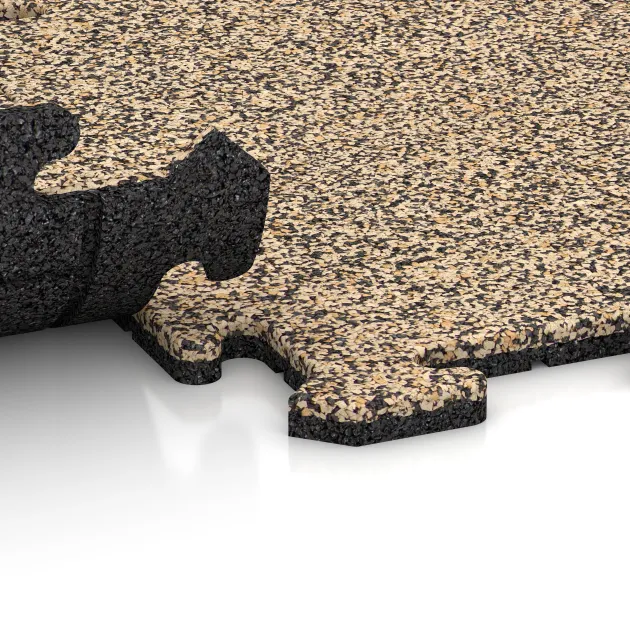 Großaufnahme vom Verbindungssystem von WARCO-Boden 0062 - Spielmatte im Farbdesign Travertin. Abmessungen 500 x 500 x 18 mm.