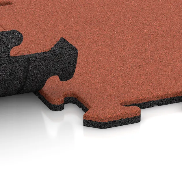 Großaufnahme vom Verbindungssystem von WARCO-Boden 6214 - Balkon Bodenbelag im Farbdesign Hellrot-Orange. Abmessungen 500 x 500 x 18 mm.