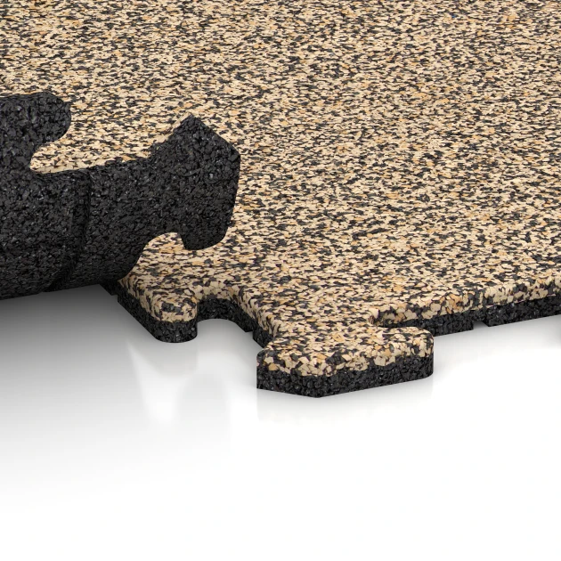 Großaufnahme vom Verbindungssystem von WARCO-Boden 5953 - Indoor-Klickfliese im Farbdesign Travertin. Abmessungen 1000 x 1000 x 18 mm.