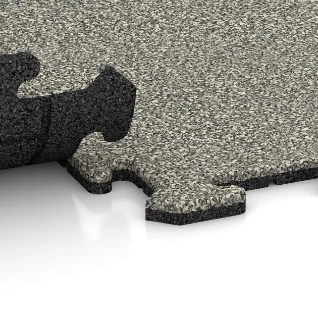 Großaufnahme vom Verbindungssystem von WARCO-Boden 4793 - Piastra d’angolo HD im Farbdesign Granito chiaro. Abmessungen 485 x 485 x 18 mm.