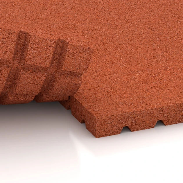 Großaufnahme vom Verbindungssystem von WARCO-Boden 3641 - Tappeto da stalla HD im Farbdesign Rosso mattone. Abmessungen 100 x 100 x 4 cm.