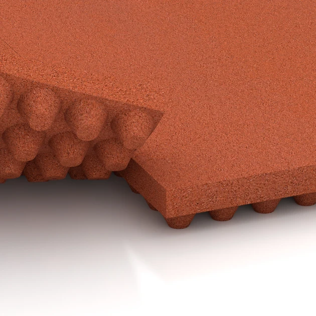 Großaufnahme vom Verbindungssystem von WARCO-Boden 3644 - Stallmatte Luxus im Farbdesign Ziegelrot. Abmessungen 100 × 50 × 5,5 cm.