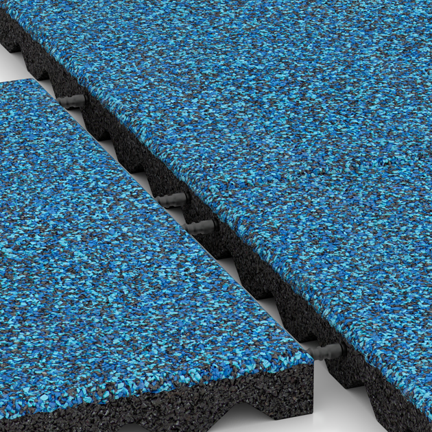 Großaufnahme vom Verbindungssystem von WARCO-Boden 5347 - Fallschutzplatte im Farbdesign Atlantik. Abmessungen 500 x 500 x 40 mm.