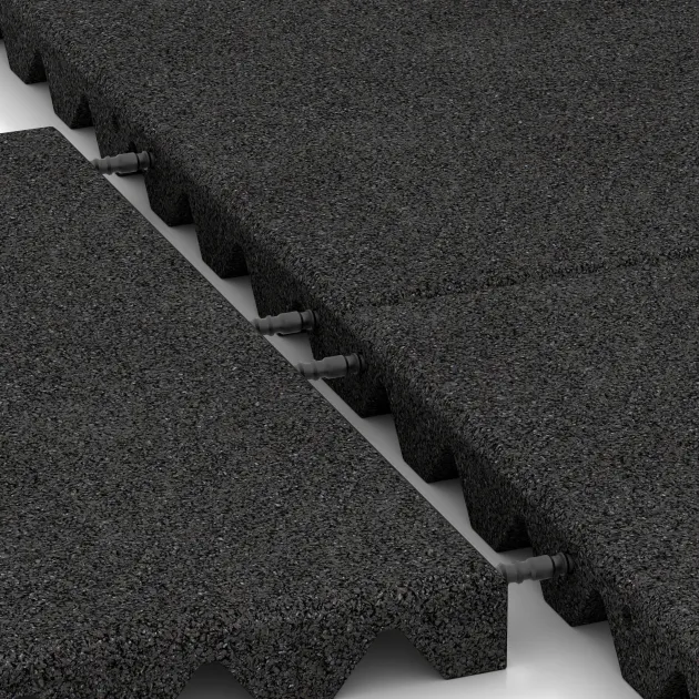 Großaufnahme vom Verbindungssystem von WARCO-Boden 0622 - Piastra antitrauma im Farbdesign Antracite. Abmessungen 500 x 500 x 40 mm.