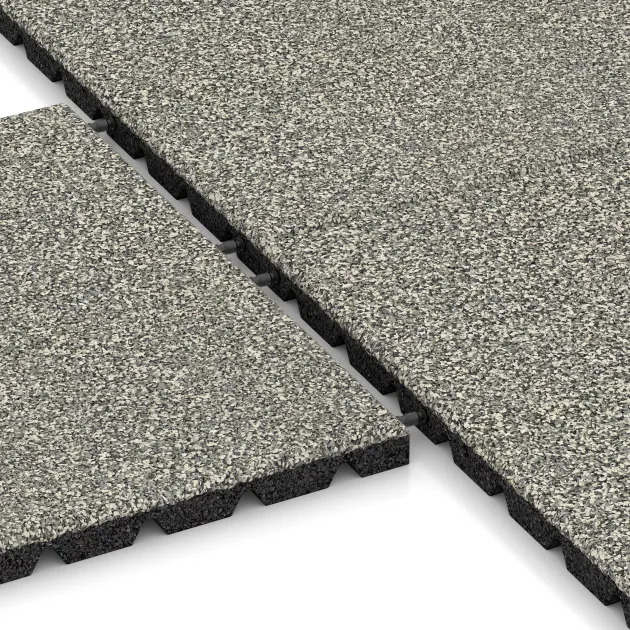 Großaufnahme vom Verbindungssystem von WARCO-Boden 5327 - Fallschutzplatte im Farbdesign Heller Granit. Abmessungen 500 x 500 x 30 mm.