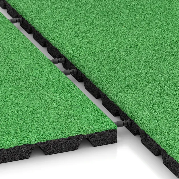 Großaufnahme vom Verbindungssystem von WARCO-Boden 0545 - Piastra antitrauma im Farbdesign Verde Maggio. Abmessungen 500 x 500 x 30 mm.