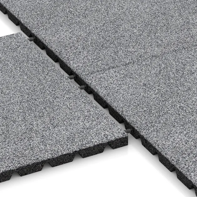 Großaufnahme vom Verbindungssystem von WARCO-Boden 5475 - Terrassenfliese 3 cm im Farbdesign Grau Melange. Abmessungen 500 x 500 x 30 mm.