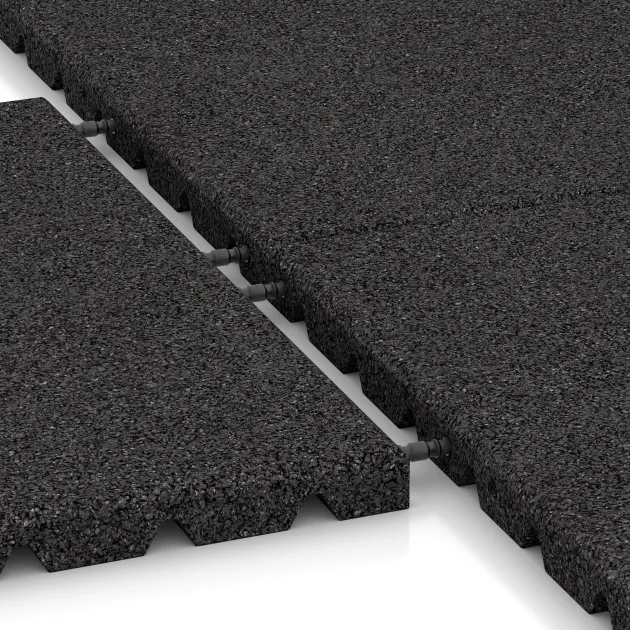 Großaufnahme vom Verbindungssystem von WARCO-Boden 0574 - Fallschutzplatte im Farbdesign Anthrazit. Abmessungen 500 x 500 x 30 mm.