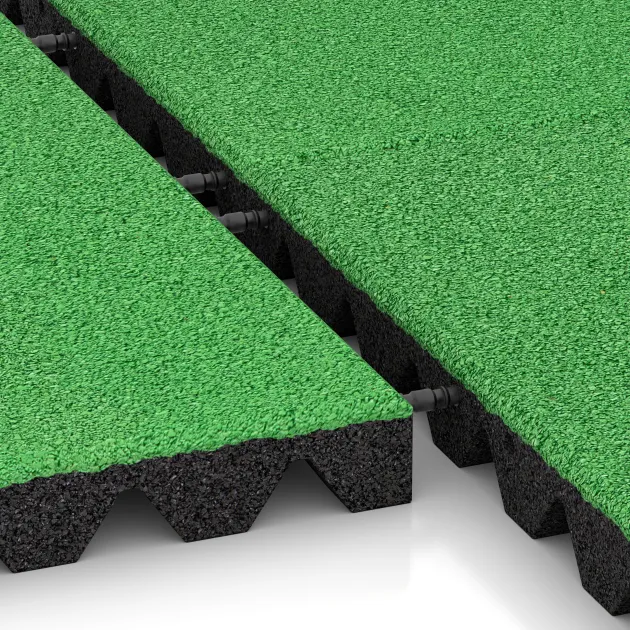 Großaufnahme vom Verbindungssystem von WARCO-Boden 0635 - Piastra antitrauma im Farbdesign Verde Maggio. Abmessungen 500 x 500 x 45 mm.