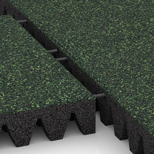 Großaufnahme vom Verbindungssystem von WARCO-Boden 5365 - Piastra antitrauma im Farbdesign Prato Inglese. Abmessungen 500 x 500 x 80 mm.