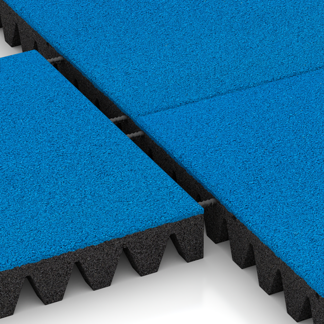 Großaufnahme vom Verbindungssystem von WARCO-Boden 0717 - Piastra antitrauma im Farbdesign Blu cielo. Abmessungen 500 x 500 x 80 mm.