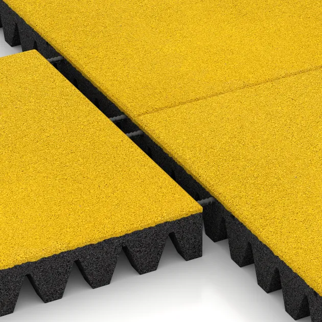 Großaufnahme vom Verbindungssystem von WARCO-Boden 0722 - Piastra antitrauma im Farbdesign Giallo limone. Abmessungen 500 x 500 x 80 mm.