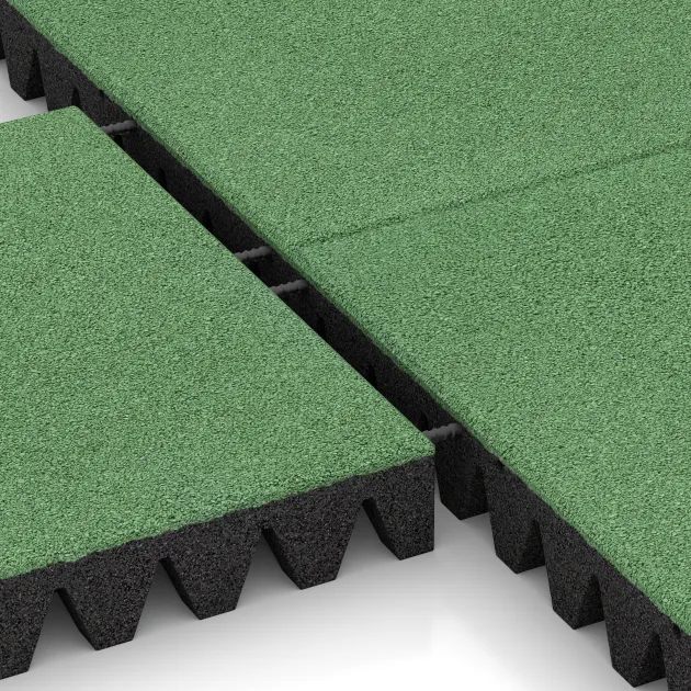 Großaufnahme vom Verbindungssystem von WARCO-Boden 0723 - Piastra antitrauma im Farbdesign Verde pallido. Abmessungen 500 x 500 x 80 mm.