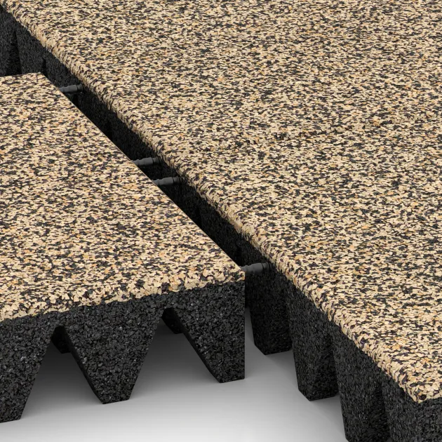 Großaufnahme vom Verbindungssystem von WARCO-Boden 3699 - Piastra antitrauma im Farbdesign Travertino. Abmessungen 500 x 500 x 100 mm.