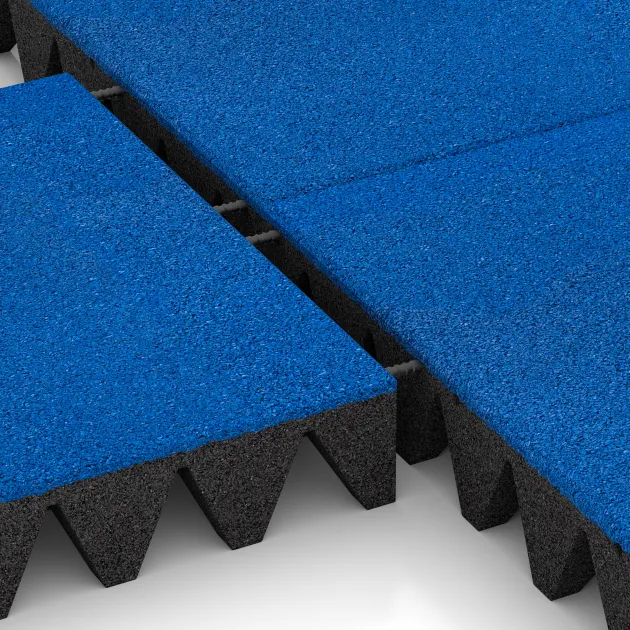 Großaufnahme vom Verbindungssystem von WARCO-Boden 0733 - Piastra antitrauma im Farbdesign Blu genziana. Abmessungen 500 x 500 x 100 mm.