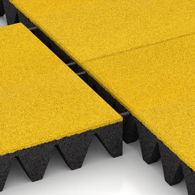 Großaufnahme vom Verbindungssystem von WARCO-Boden 0740 - Piastra antitrauma im Farbdesign Giallo limone. Abmessungen 500 x 500 x 100 mm.